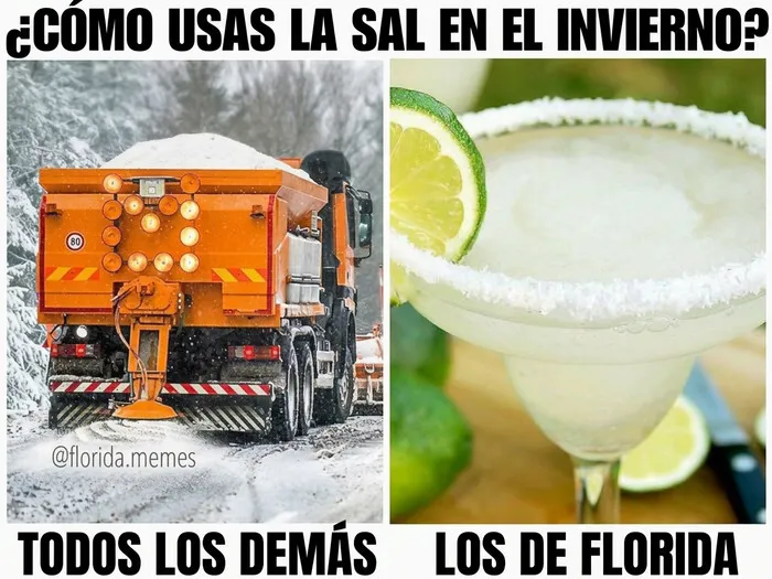 Meme sobre el invierno que ilustra la locura que se vive en Florida usando sal para margaritas.