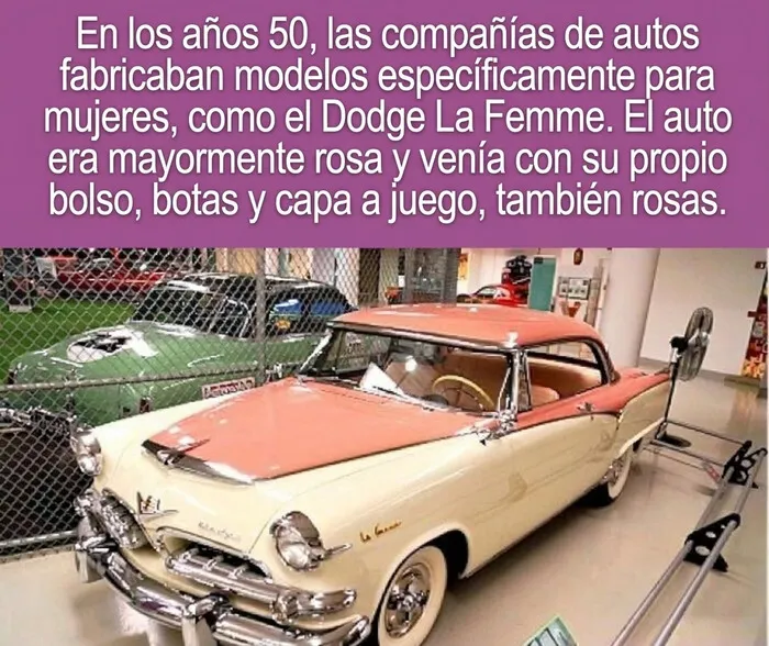 Datos curiosos de la historia del automovilismo mostrando el coche clasico rosa Dodge La Femme.