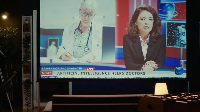 Presentadora de noticias hablando sobre IA, un cambio para industrias que están a punto de colapsar.