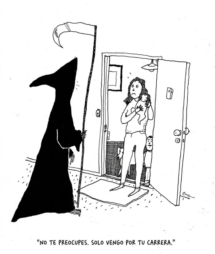 La muerte visitando a una madre en su puerta, ilustraciones ingeniosas sobre la vida moderna