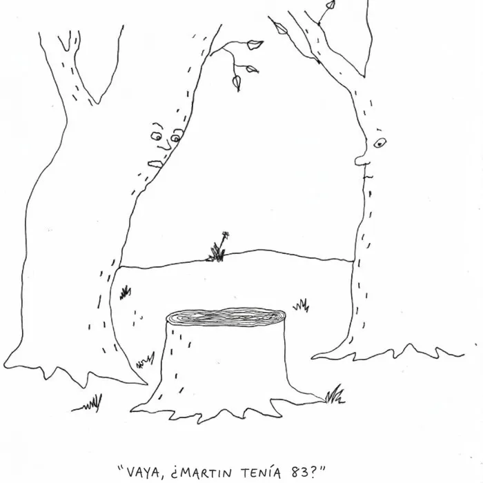 Dibujo de dos árboles mirando un tocón con texto sobre la vida moderna de una caricaturista del New Yorker.