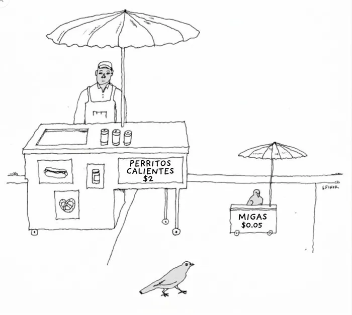 Puesto de comida para humanos y otro para palomas, ilustraciones ingeniosas sobre la vida moderna