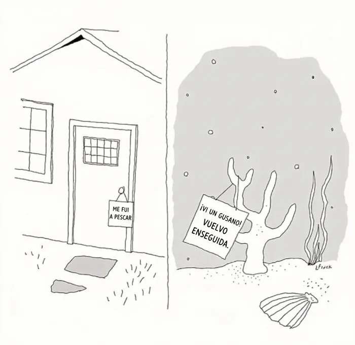 Dibujo de una casa y un coral bajo el agua, ilustraciones ingeniosas sobre la vida moderna