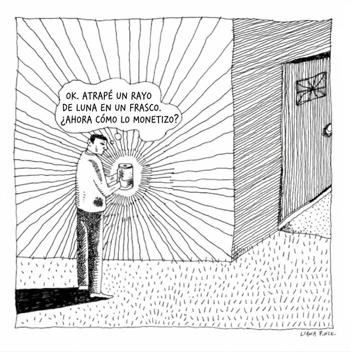 Hombre sosteniendo un frasco con luz de luna en ilustraciones ingeniosas sobre la vida moderna