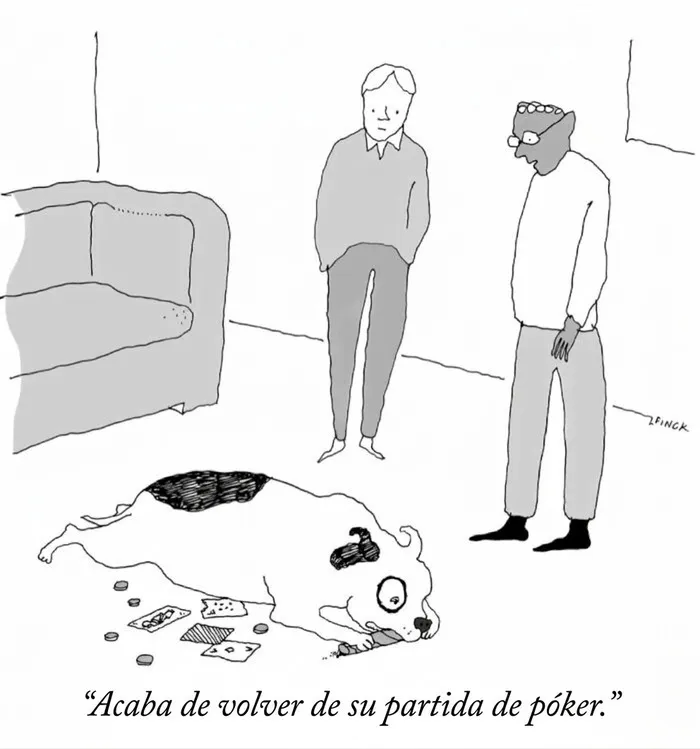Ilustraciones ingeniosas sobre la vida moderna con dos hombres mirando a un perro que jugó al póker