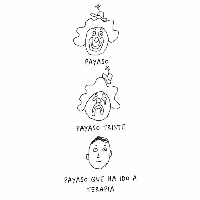 Ilustraciones sobre la vida moderna con un dibujo de la evolución de un payaso en terapia
