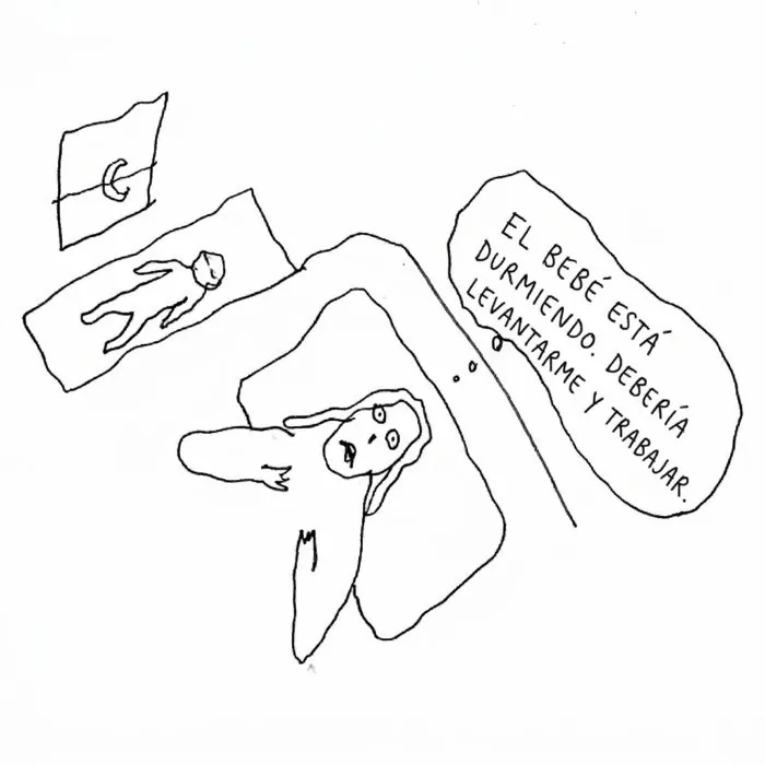 Ilustración de una madre cansada pensando en trabajar mientras el bebé duerme, retrato de la vida moderna