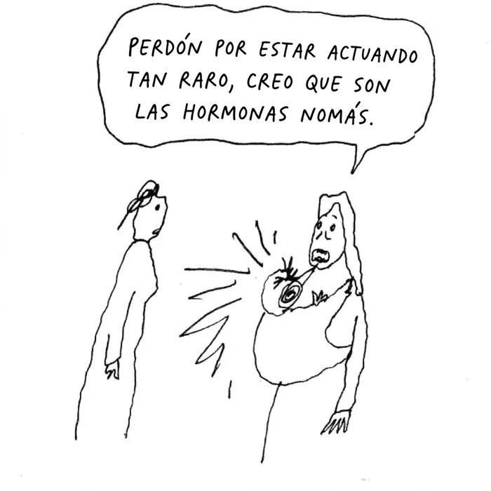 Dibujo de una madre con su bebé llorando, reflejando situaciones cotidianas de la vida moderna