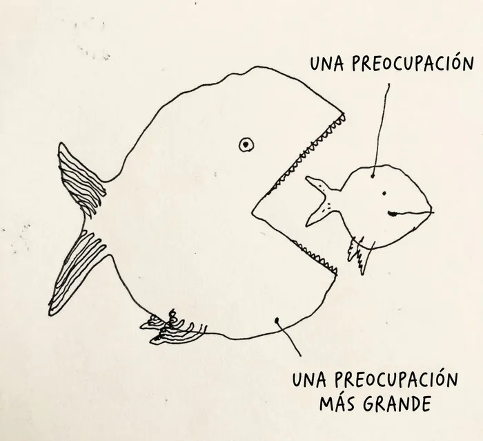 Ilustración de un pez grande comiendo a otro pequeño que representa las preocupaciones de la vida moderna