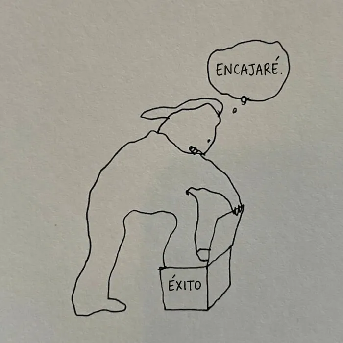 Persona intentando meterse en una caja que dice éxito, representando ilustraciones ingeniosas sobre la vida moderna.