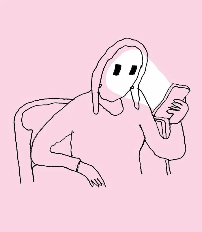 Ilustraciones ingeniosas sobre la vida moderna que muestran a una persona absorta mirando la pantalla del celular.