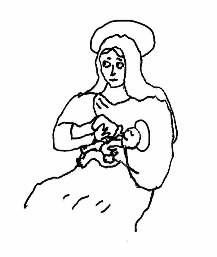 Ilustración de una figura santa amamantando, parte de ilustraciones ingeniosas sobre la vida moderna