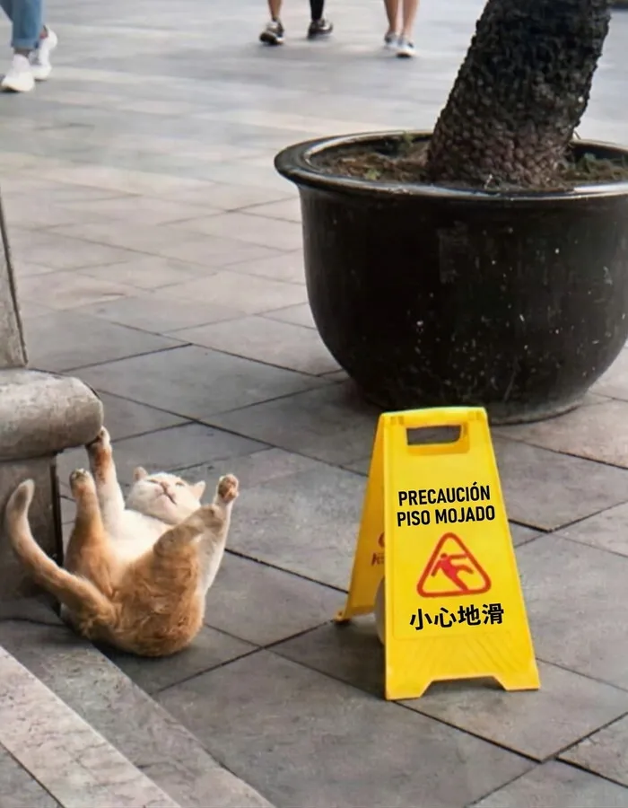 Gato tirado en el suelo junto a cartel de piso mojado que causa risa y vergüenza ajena