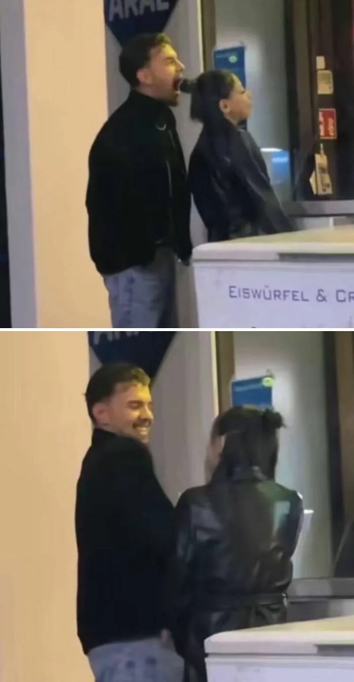 Ilusión óptica graciosa de un hombre mordiendo el cabello de una mujer para provocar risa