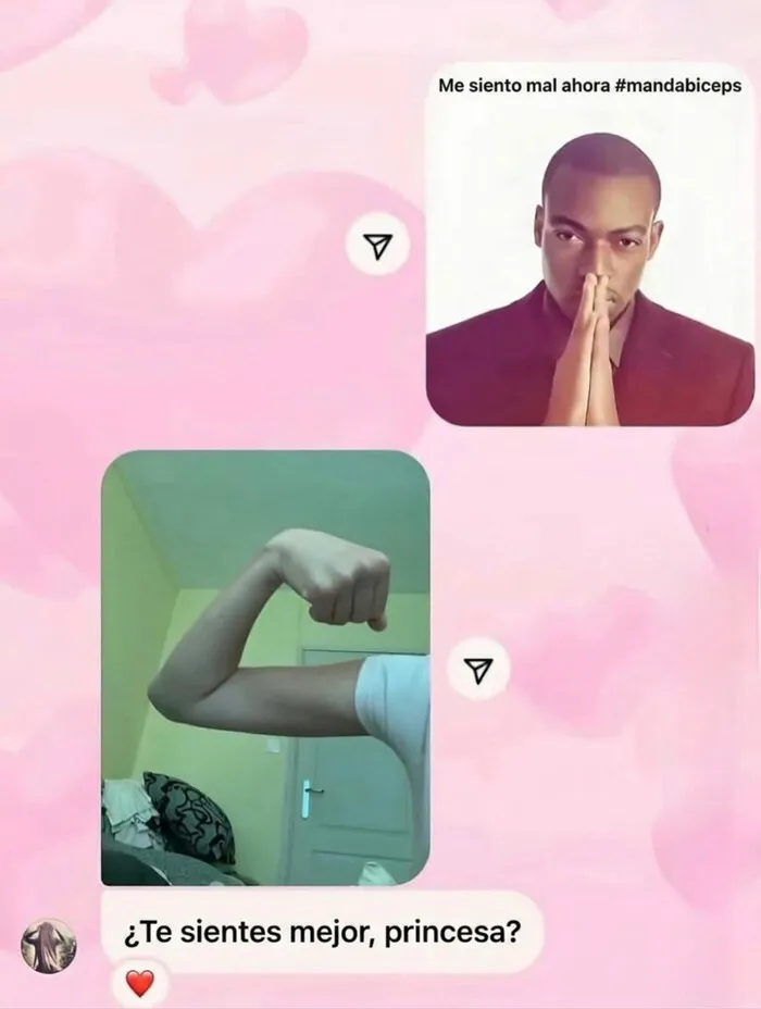 Captura de chat con publicaciones que causan risa y vergüenza ajena de un brazo delgado mostrando bíceps