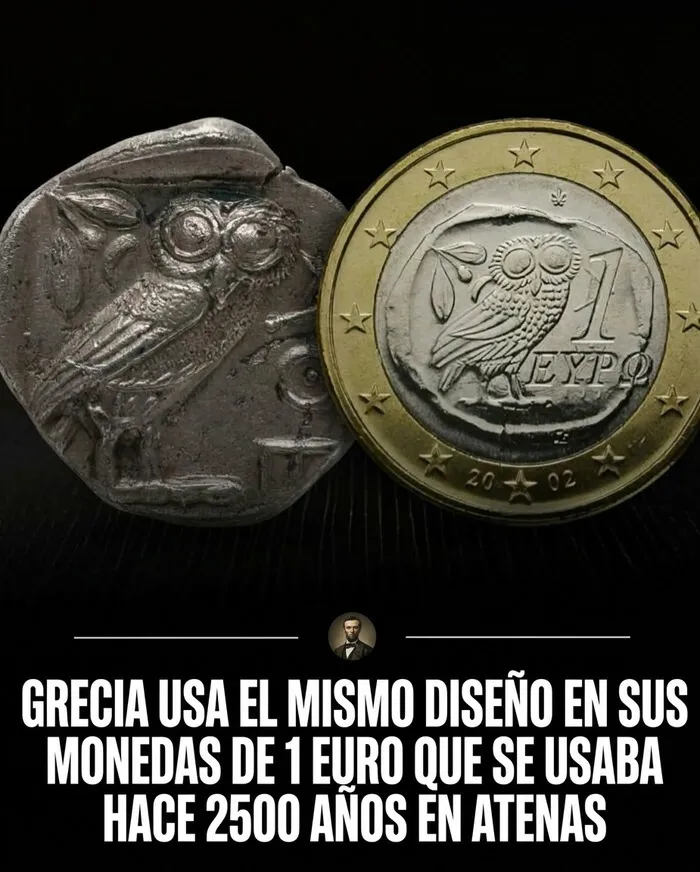 Comparativa de antigua moneda de Atenas con una de un euro de Grecia entre fotos históricas