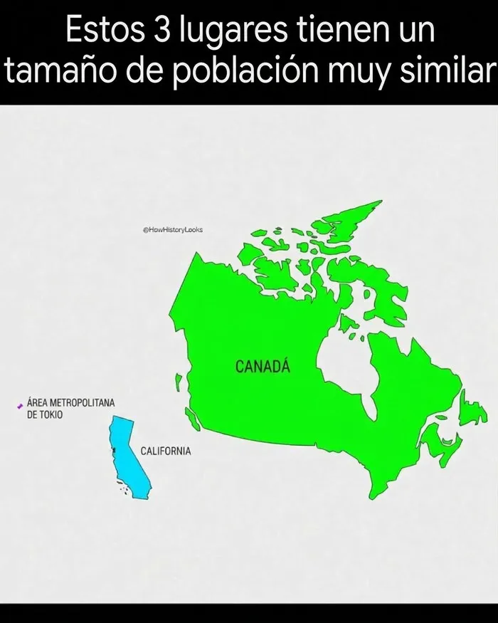 Mapa comparativo de población entre Canadá, California y Tokio con datos curiosos.