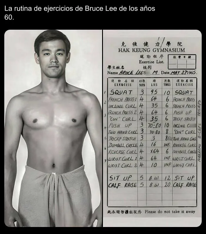 La rutina de ejercicios de Bruce Lee en fotos históricas de los años 60.