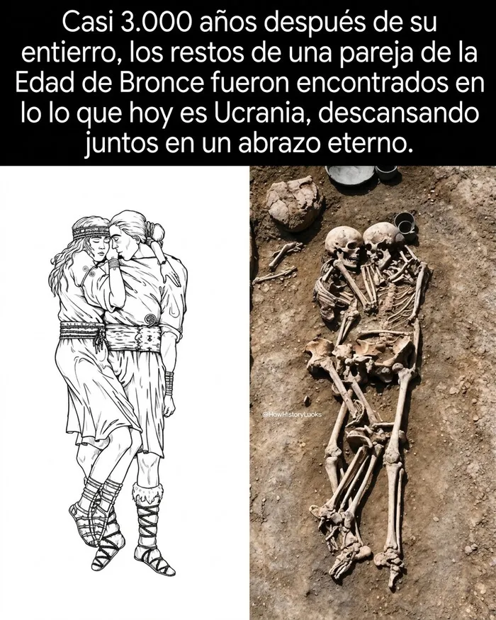 Restos de una pareja de la Edad de Bronce abrazados en fotos históricas.