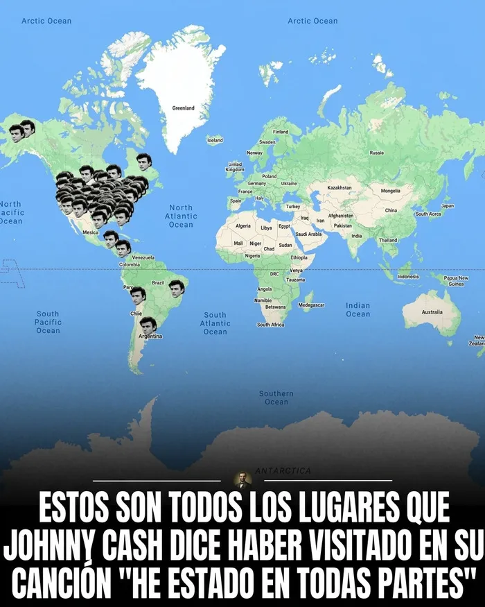 Mapa mundial de la canción de Johnny Cash, ilustrando fotos históricas y datos curiosos de la música.
