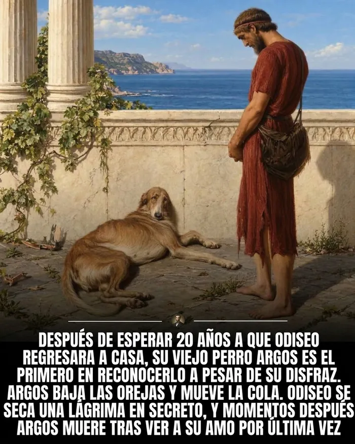 Ilustración de Odiseo y su perro Argos en fotos históricas y mitología