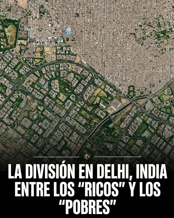 Vista aérea de Delhi mostrando la división social, entre fotos históricas y datos de urbanismo.