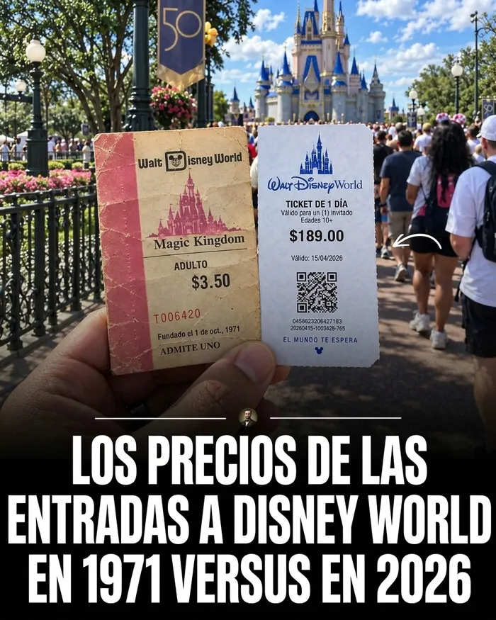 Comparativa de precios de entradas a Disney World en 1971 y 2026, entre fotos históricas de la marca.
