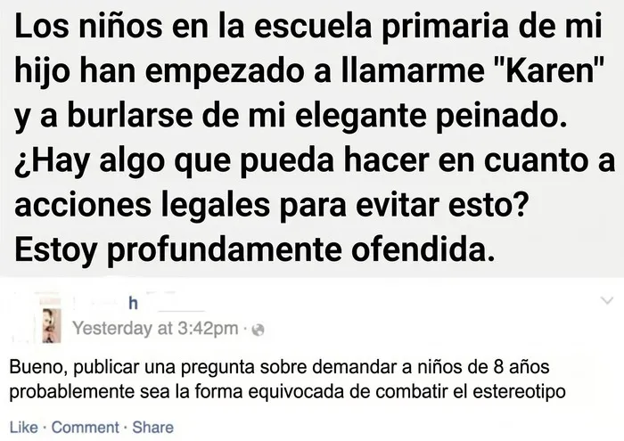 Publicación de Facebook de una madre ofendida porque los niños la llaman Karen.