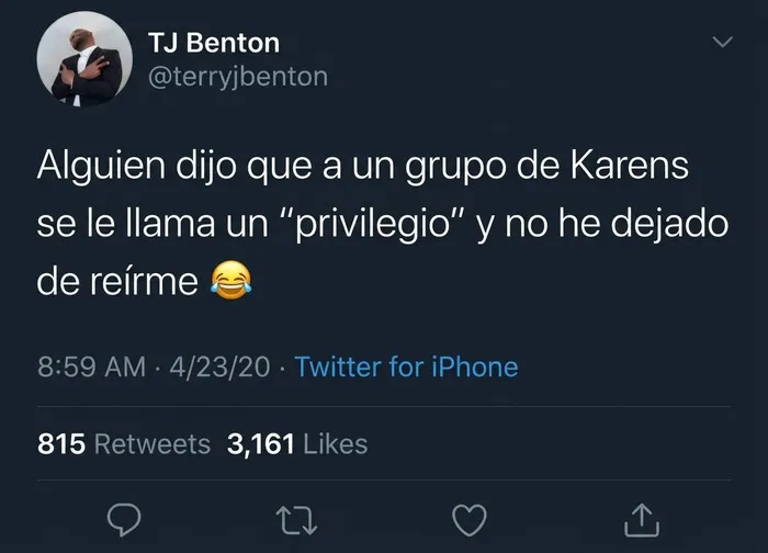 Captura de pantalla de Twitter que define con humor a un grupo de Karens como un privilegio.