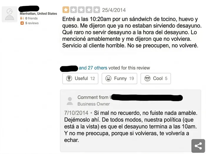 Reseña negativa de una Karen en internet y la respuesta contundente del dueño de un local