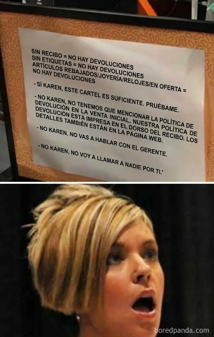 Un cartel de tienda con normas de devolución dirigidas directamente a una Karen