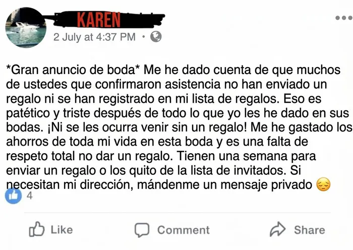 Captura de pantalla de una novia exigiendo regalos con prepotencia al estilo de las Karens