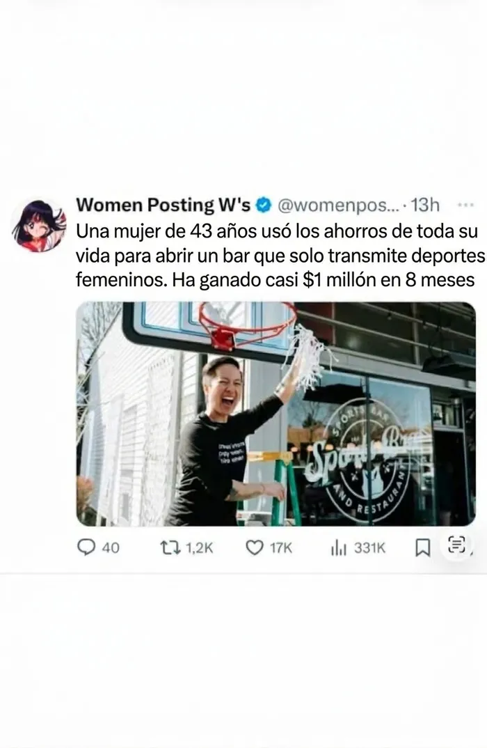 Publicaciones reconfortantes de una mujer celebrando la apertura de su bar de deportes femeninos.