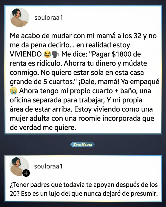 Capturas de pantalla de publicaciones reconfortantes en redes sobre mudarse con los padres.
