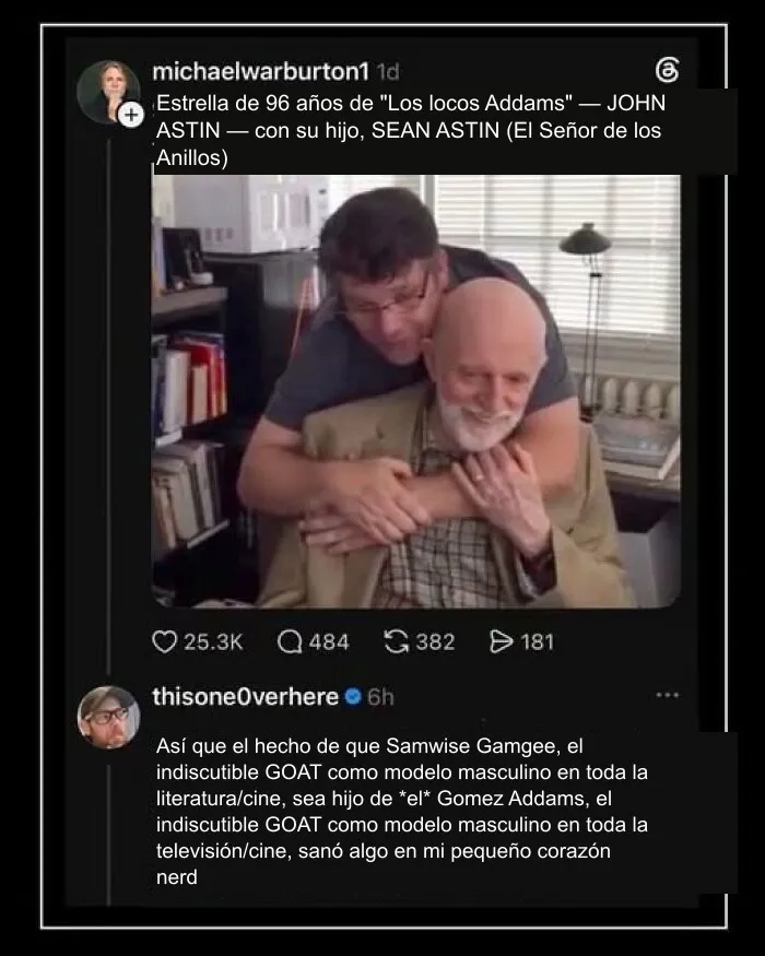 John Astin abrazado por su hijo Sean Astin, imagen de publicaciones reconfortantes