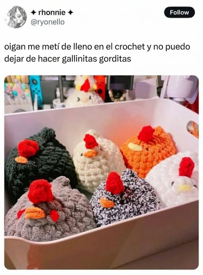 Gallinitas de crochet de varios colores en publicaciones reconfortantes.