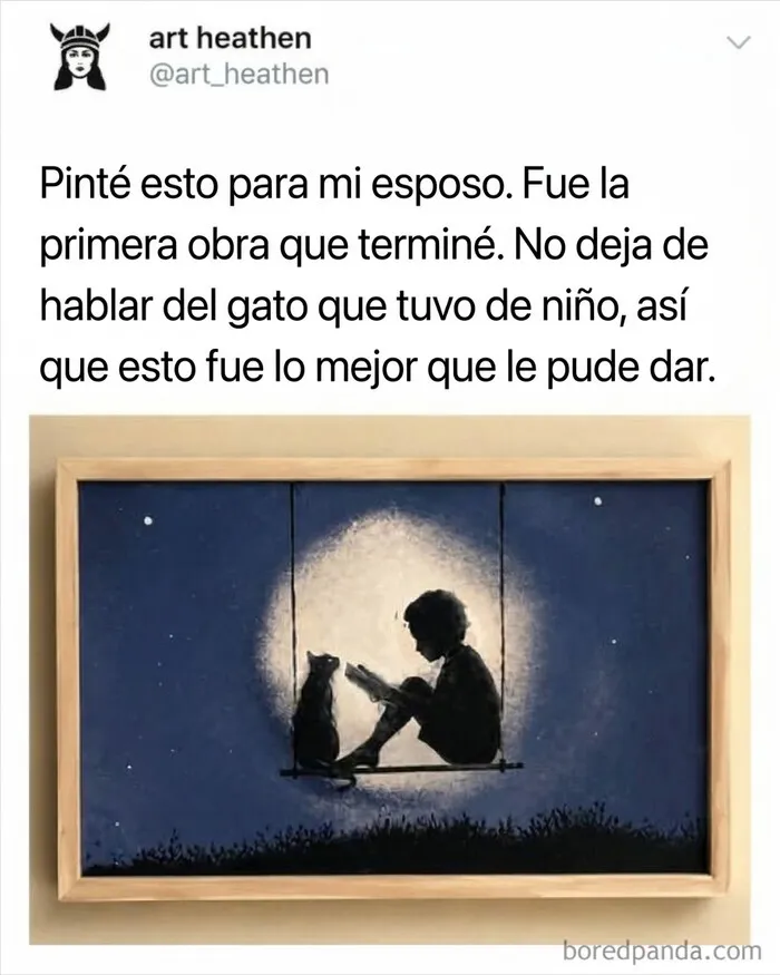 Pintura de un niño leyendo con su gato bajo la luna, perfecta para publicaciones reconfortantes
