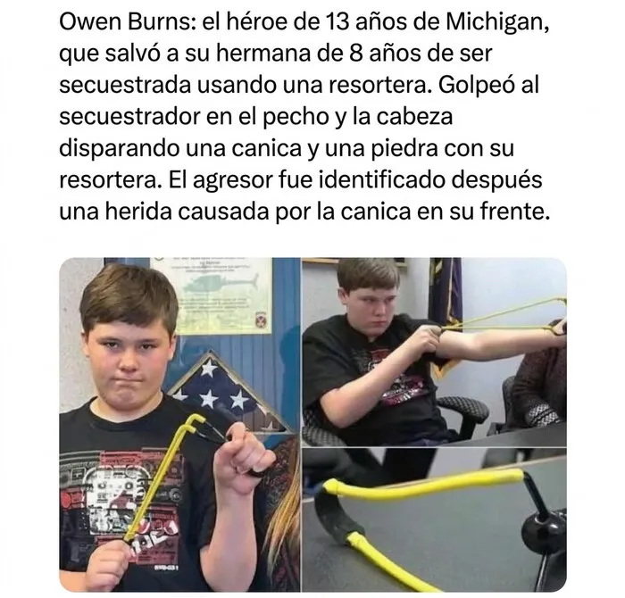 Un niño héroe de Michigan sosteniendo su resortera amarilla, publicaciones reconfortantes sobre valentía