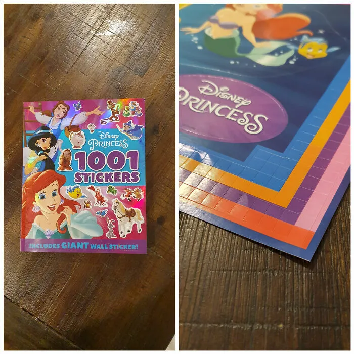 Un libro de stickers con productos mal hechos que confunden por su tamaño