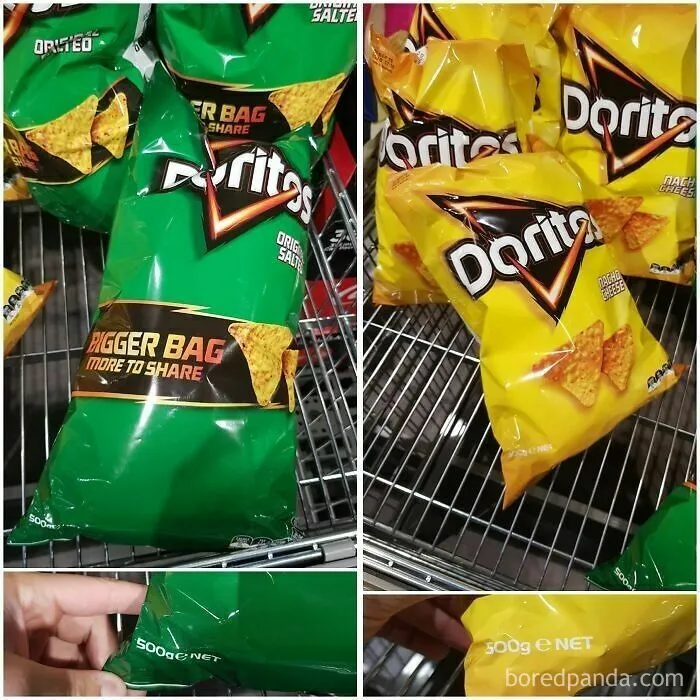 Bolsas de Doritos con productos mal hechos que engañan con el peso del paquete