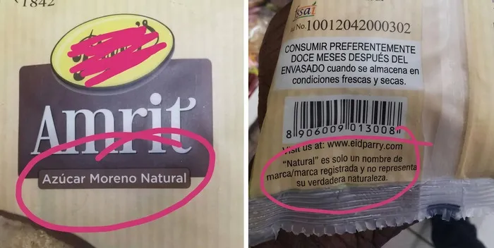 Detalle de un empaque de azúcar moreno natural diseñado por diseñadores terribles.
