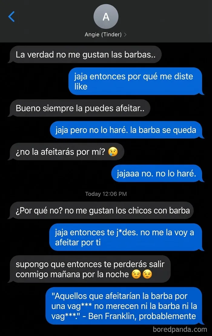 Chat de Tinder que muestra una conversacion absurda con mujeres toxicas sobre el vello facial de un hombre.