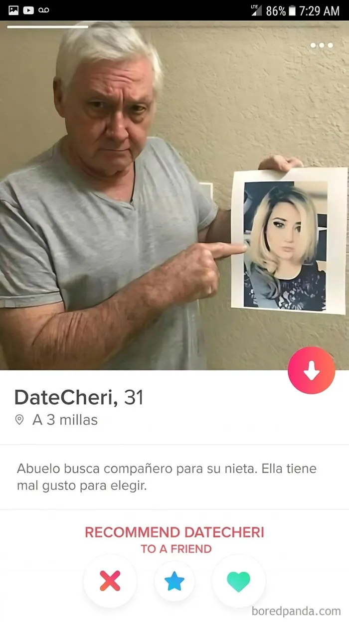 Perfil de Tinder creado por un abuelo que muestra a mujeres tóxicas.