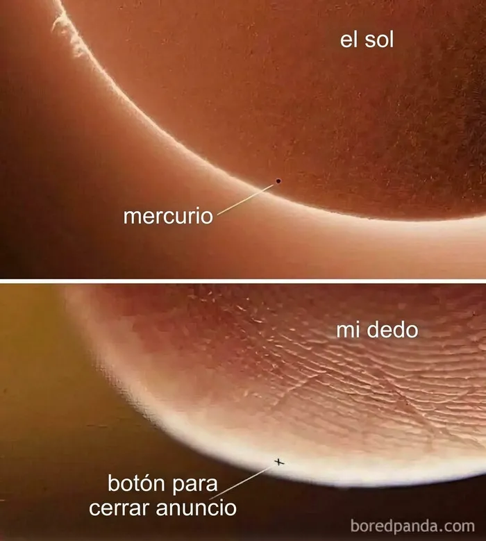 Uno de los memes divertidos que compara el tamaño de Mercurio con el diminuto botón para cerrar un anuncio en el móvil.