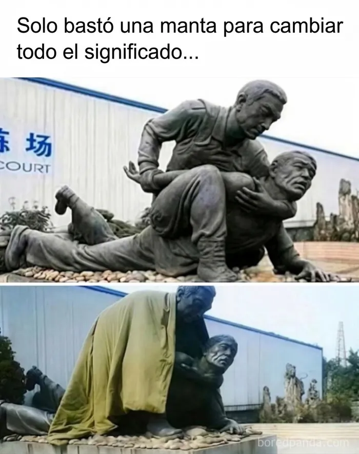 Memes divertidos sobre el cambio de sentido de una estatua con una manta
