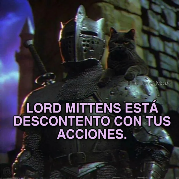 Memes divertidos de un caballero de armadura con un gato negro en su hombro