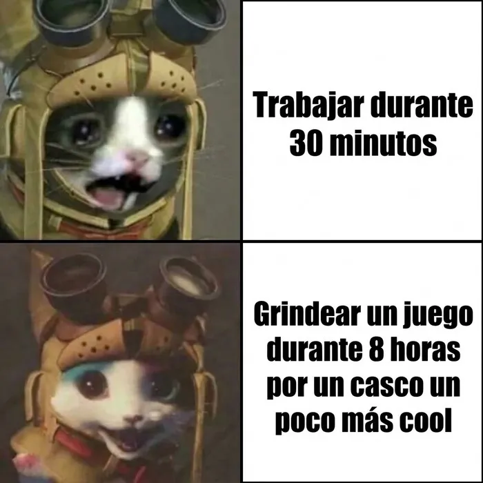 Meme divertido de gato comparando trabajar con grindear en un videojuego.