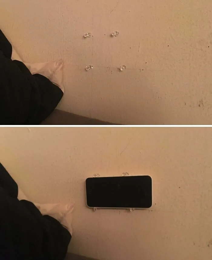 Proyecto casero fallido de soporte de pared para móvil utilizando chinches de plástico