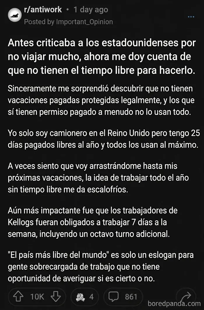 Queja sobre la falta de tiempo libre y condiciones laborales en Estados Unidos