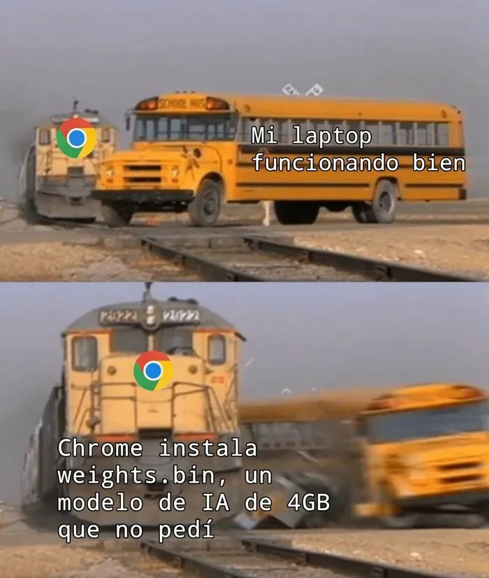 Meme de computadora y Chrome instalando un modelo de IA no solicitado